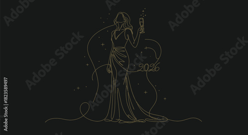 Elegant woman in golden gown raising a champagne glass to celebrate 2026 new year