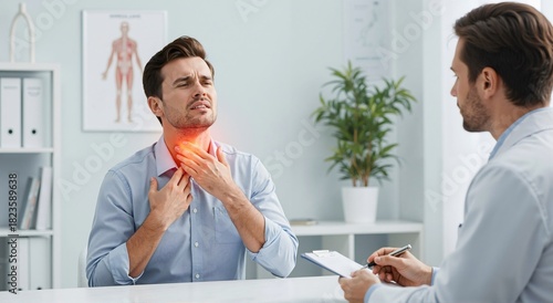 Man holding his throat in pain during a doctor consultation. Patient suffering from sore throat or thyroid problem in medical office.