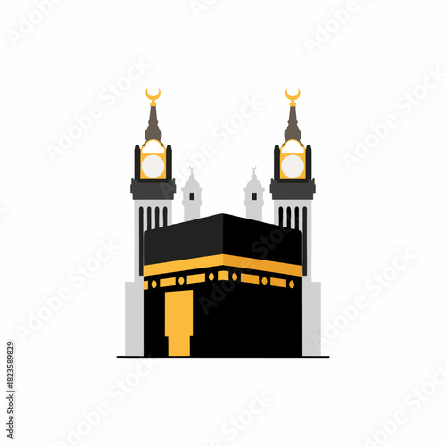 vector illustration of Kaaba with minaret on white background