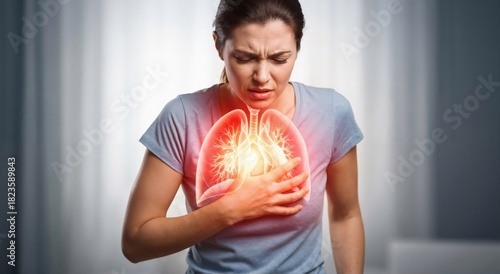 Woman experiencing chest pain, holding her lungs with a glowing painful spot. Respiratory illness and lung disease health concept.