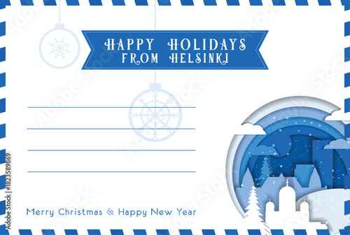 From Helsinki Happy Winter Holidays postal card template. Vector blank postcard illustration for Christmas, New Year celebration with landmarks, message space layout