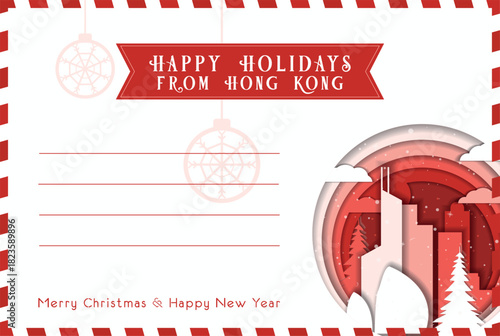 From Hong Kong Happy Winter Holidays postal card template. Vector blank postcard illustration for Christmas, New Year celebration with landmarks, message space layout