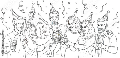 Diverse group celebrating with champagne wearing party hats and confetti falling down