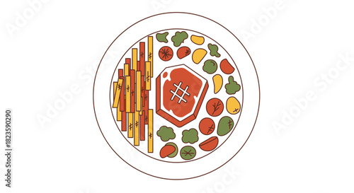 A clean, top-down illustration of a balanced meal, featuring a grilled steak, golden french fries, fresh broccoli, and ripe tomatoes, perfect for diet themes.