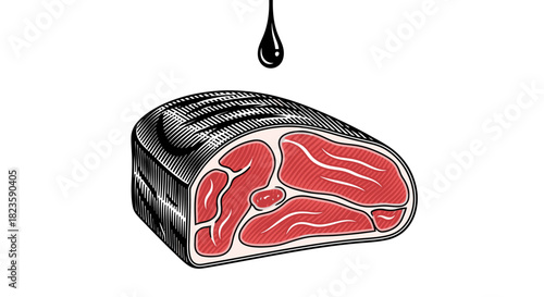 A stylized raw meat cut is depicted being contaminated by a dripping black liquid, symbolizing the environmental and health concerns of industrial food production.