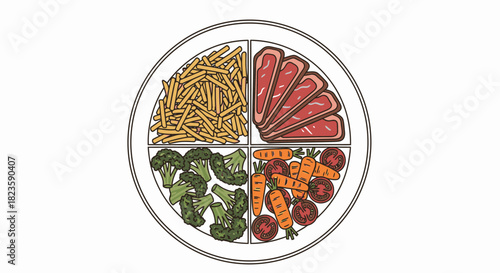 A visually appealing illustration of a divided plate showcasing a diverse meal with steak, french fries, broccoli, and roasted vegetables, representing balanced nutrition.