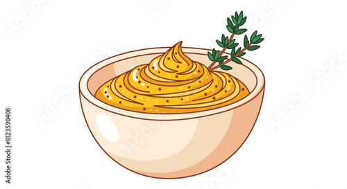 A vibrant illustration of creamy yellow mustard, elegantly swirled in a ceramic bowl and garnished with a fresh sprig of aromatic thyme, perfect for culinary use.