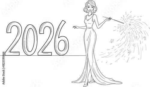 Elegant woman celebrating 2026 new year with sparkler in a vintage style illustration