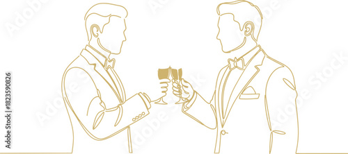 Two elegant men in tuxedos toasting with champagne in a golden line art style