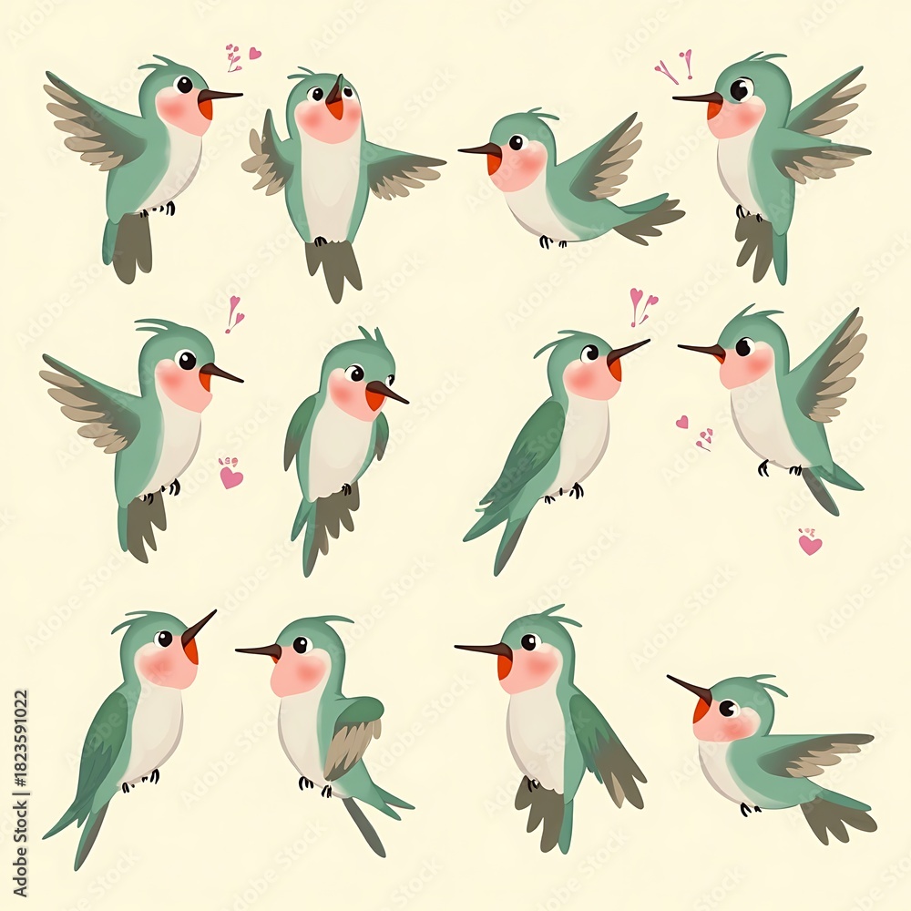 Obraz premium Flying Bird Illustration Set with Heart Accents