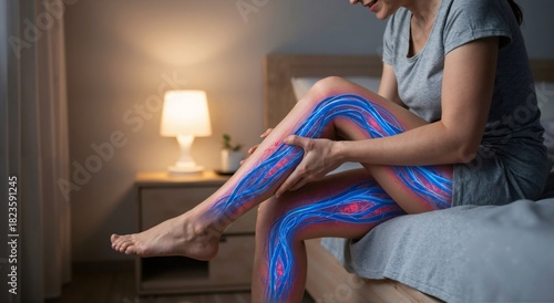 Woman suffering from leg pain, with visible digital arteries and veins overlay. Varicose veins and circulatory system issue concept.