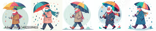 vector of grandfather walking with umbrella in the rain