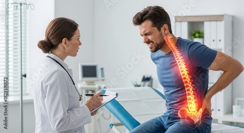 Woman doctor in white coat talking to man patient with back pain, highlighted spine. Medical consultation, spine health, injury concept.