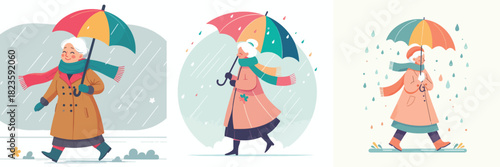 vector of grandmother walking with umbrella in the rain