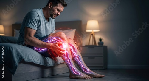 Man feeling severe knee pain, electricity striking in legs. Neuralgia and varicose vein concept, arthritis or injury problem.