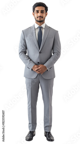 Man in grey suit with hands folded front pose
