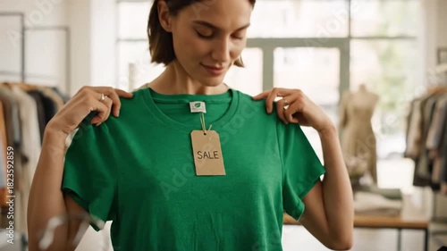 Shopping, eco friendly choice and hands of woman with clothes in store for bargain retail sale. Mall, sustainable fashion and customer in boutique for products, recycled fabric or clothing price tag