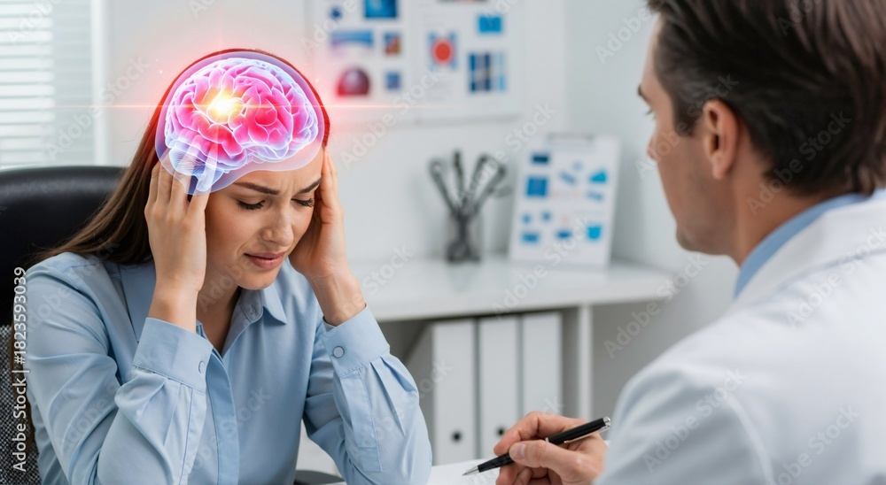 Fototapeta premium Woman with brain pain having consultation with doctor. Headache and migraine concept in medical diagnosis and healthcare.