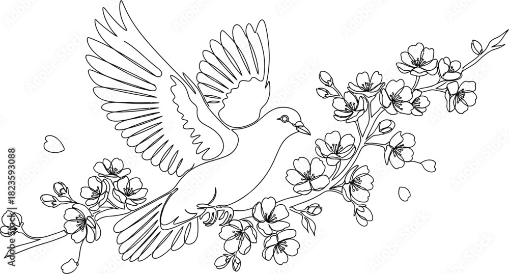 Obraz premium Dove flying with cherry blossom branch in a minimalist line art illustration