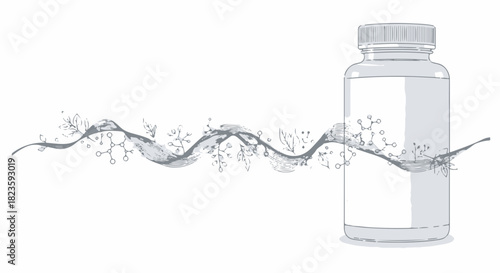 Isolated white bottle for supplements with flowing molecular chemical structure formula illustration