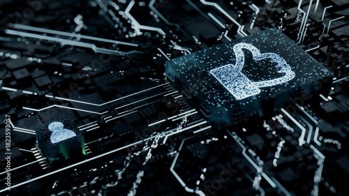 Social Media Technology Concept with like symbol on a Microchip. White Neon Data flows between the CPU and the User across a Futuristic Motherboard. Seamless Loop.