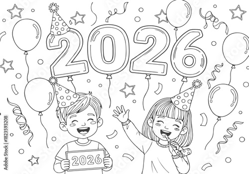 Happy New Year 2026 Coloring Book for Kids, Balloons, Party Hats and Confetti Fun - A Festive Celebration Illustration for Young Artists