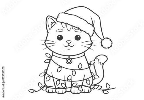 Cute Cat Wearing a Santa Hat and Christmas Lights Coloring Book Page for Kids and Adults