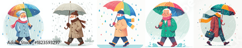 vector of grandfather walking with umbrella in the rain