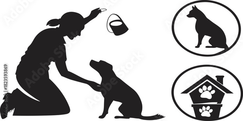 Graphic illustration of a person interacting with a dog during training, alongside symbols for pets and animal shelter