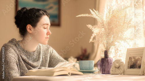 Caucasian woman reflecting quietly at her writing desk with a journal and tea. Sad atmosphere during of a psychotherapy session. Soft afternoon light.