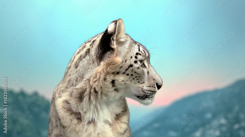 Obraz premium Close-up side-profile of a snow leopard on blue sky background. Beautiful natural cream coat. Surrounding vague mountain outline wraps around head.