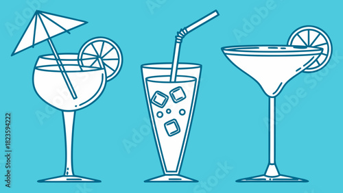 Cocktail Glass Set with Umbrella, Straw and Citrus, Flat Vector Icons on Blue Background