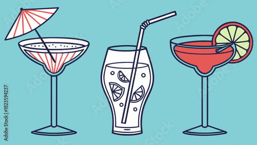 Cocktail Glass Set with Umbrella, Straw and Citrus, Flat Vector Icons on Blue Background