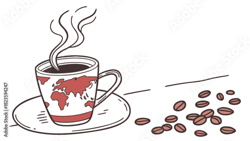 Hot Beverage in World Map Cup, Travel Concept Flat Illustration