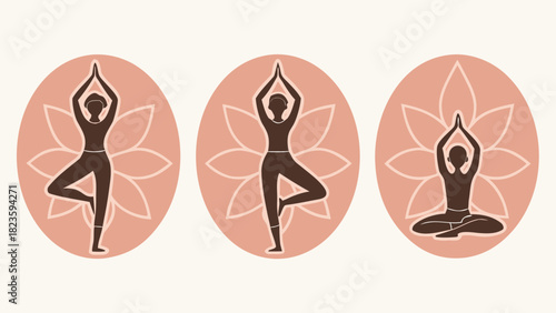 Yoga Pose Icons Set: Tree, Downward Dog and Lotus, Flat Vector Design
