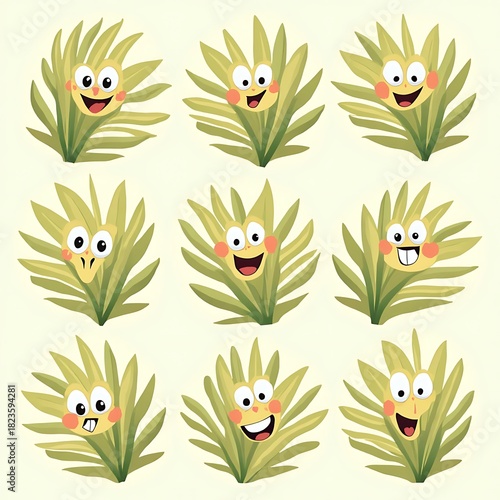 Smiling Cartoon Grass Characters with Different Expressions
