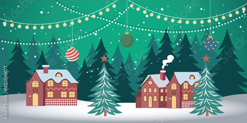 Festive winter village scene with charming houses and glowing christmas lights