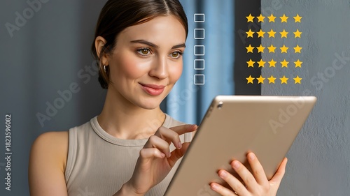 Smiling woman using tablet to give digital star rating and customer feedback

