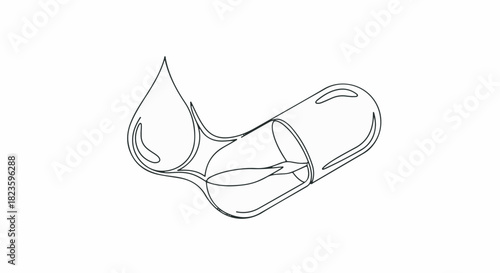 Black line vector drawing of split capsule with liquid drop for natural medicine supplement