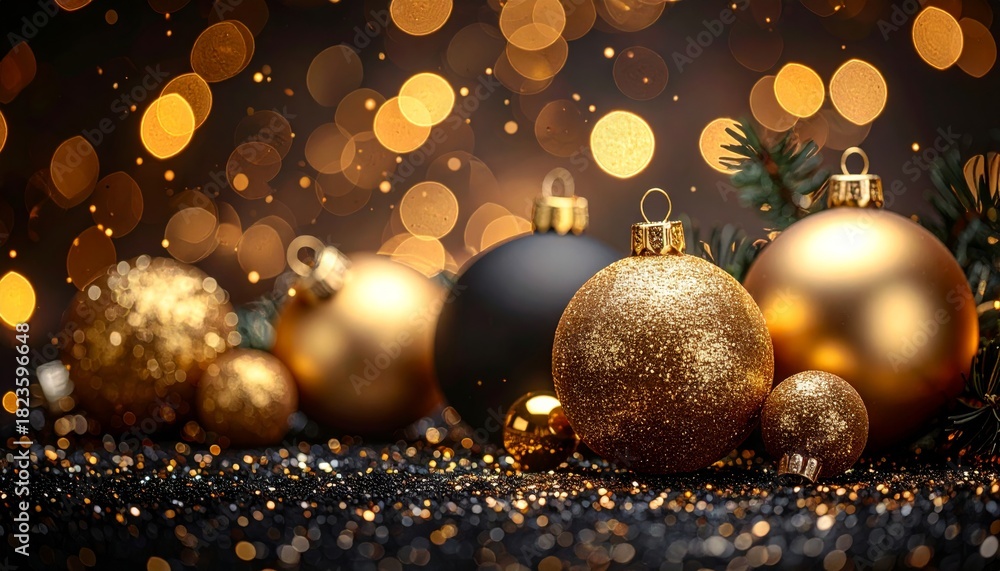 Fototapeta premium Shiny golden Christmas balls and baubles for holiday celebration decoration and winter season background