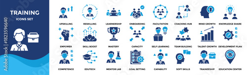Training icon collection set. Containing upskilling, reskilling, onboarding, facilitation icon