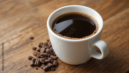 Hot Coffee in White Cup with Roasted Coffee Beans on Wooden Table