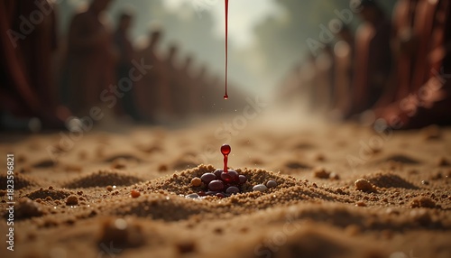 Liquid Dripping Onto Small Pile of Stones in Sandy Area