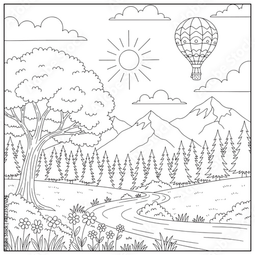 mountain view illustration perfect for coloring book