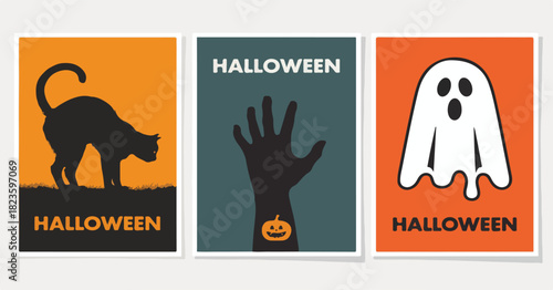 Halloween Poster Set - Minimalist Retro Cat, Zombie Hand, and Ghost Vector Halloween, Poster, Set, Minimalist, Retro, Cat, Zombie,