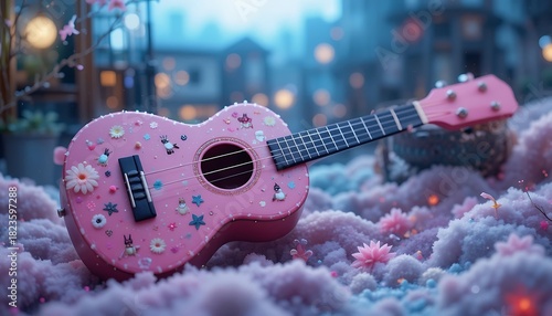Pink Ukulele Decorated with Stickers in Dreamy Setting