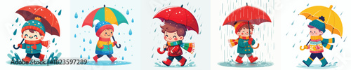 vector of little boy walking with umbrella in the rain