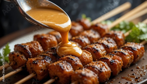 Pouring Sauce Over Grilled Meat Skewers Close-up