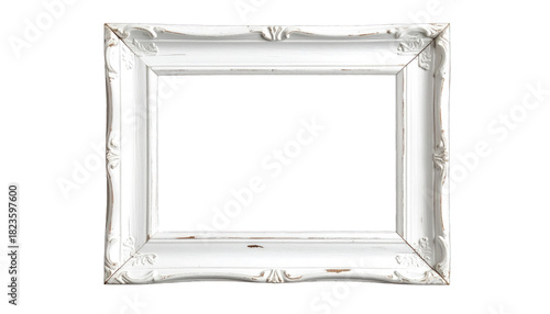 Ornate white rectangular picture frame, distressed details, against a black background