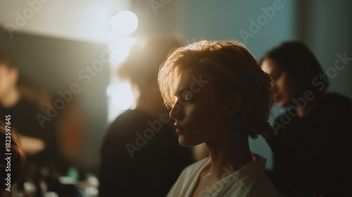 Young woman model with short blond hair having makeup or hair styled backstage, preparing for a show or event in a soft lit changing room with professional assistance